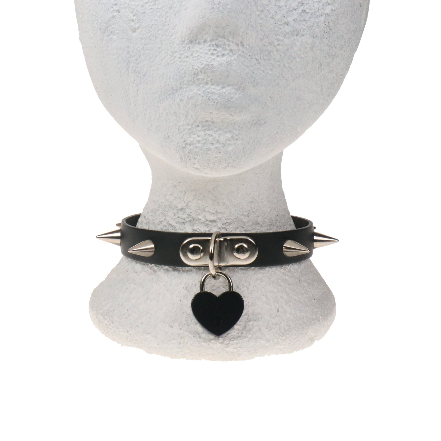 NB334A 1 ROW CONE WITH SMALL BLACK HEART PADLOCK Leather Choker
