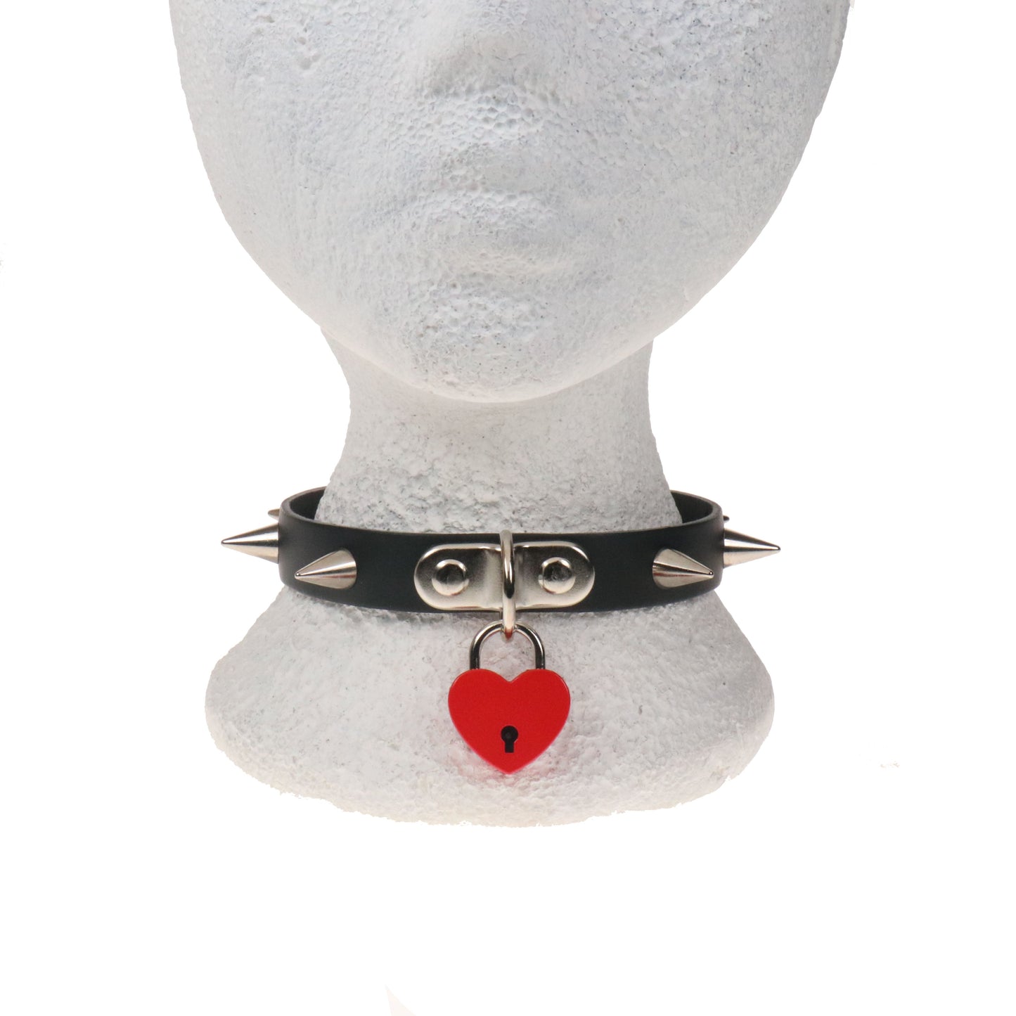 NB334B 1 ROW CONE WITH SMALL RED HEART PADLOCK Leather Choker
