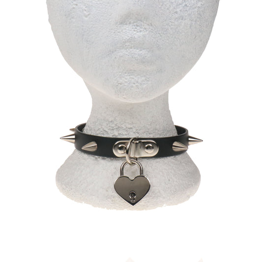 NB334C 1 ROW CONE WITH BIG HEART PADLOCK Leather Choker