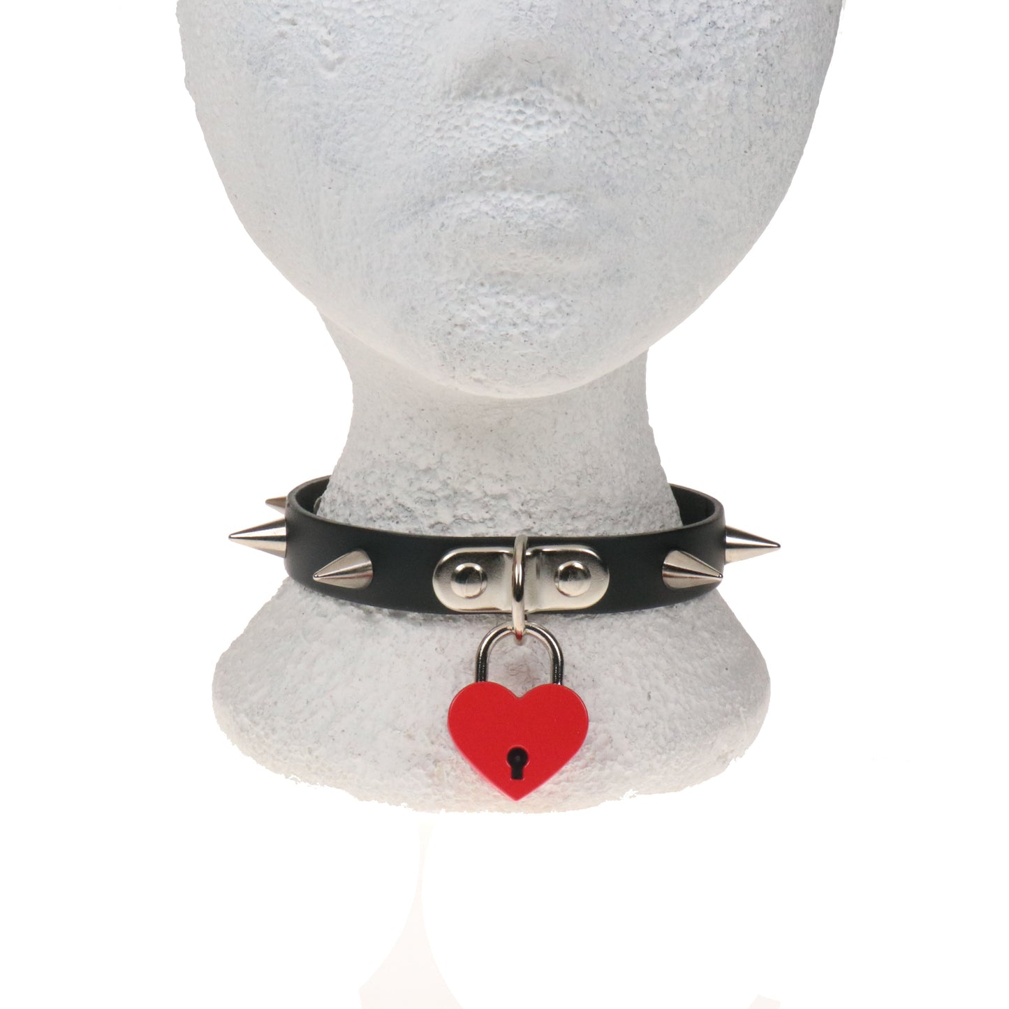 NB334E 1 ROW CONE WITH BIG RED HEART PADLOCK Leather Choker