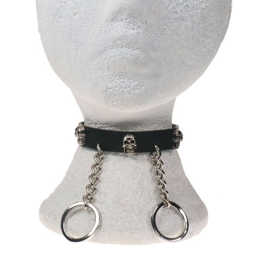 NB335 1 ROW SKULL AND HANGING CHAIN W/CURVED RING Leather Choker