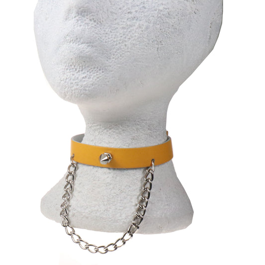 NB336B 1 ROW WITH SPIKE AND CHAIN LEATHER NECKBAND - YELLOW Leather Choker