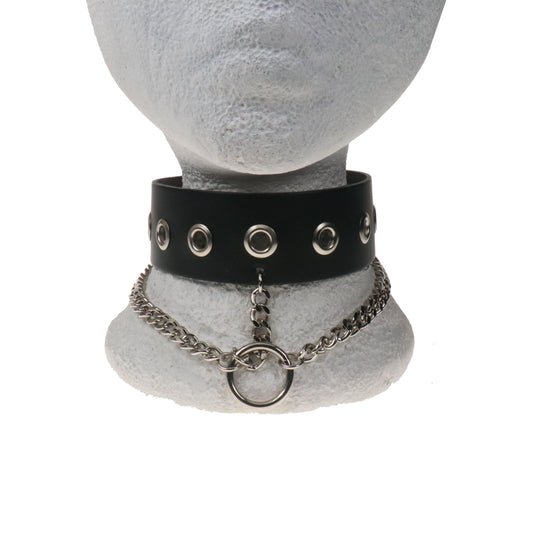 NB339 2 ROW WIDTH 1 ROW EYELET W/HANGING RING AND CHAINS Leather Choker
