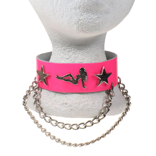 NB342 2 ROW STAR AND LADY WITH CHAINS Leather Choker
