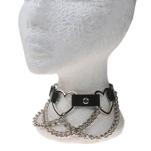 NB343 1 ROW WITH HEARTS AND CHAINS Leather Choker