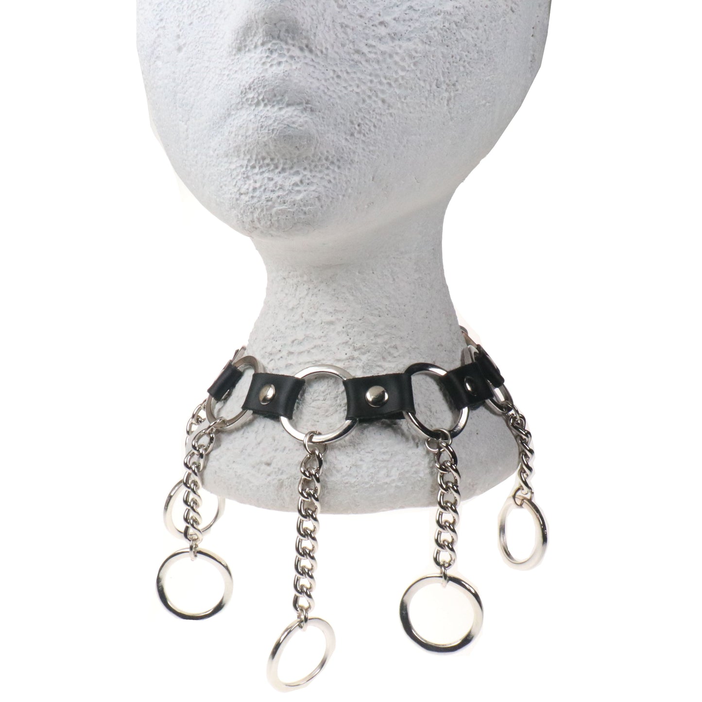 NB345 1 ROW WITH CURVED RINGS AND CHAIN HANGING RINGS Leather Choker