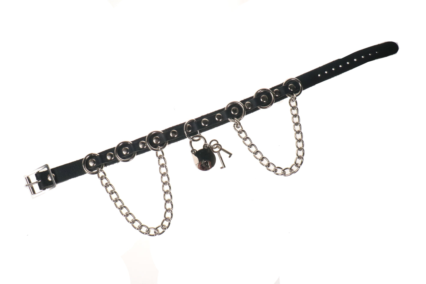 NB346 1 ROW SMALL RINGS AND CHAIN W/PADLOCK Leather Choker