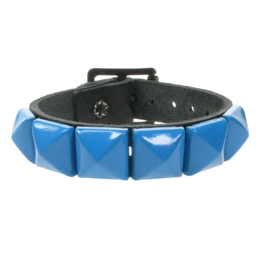 WB008A 1 ROW BLUE PYRAMID LEATHER WRISTBAND - BLACK
