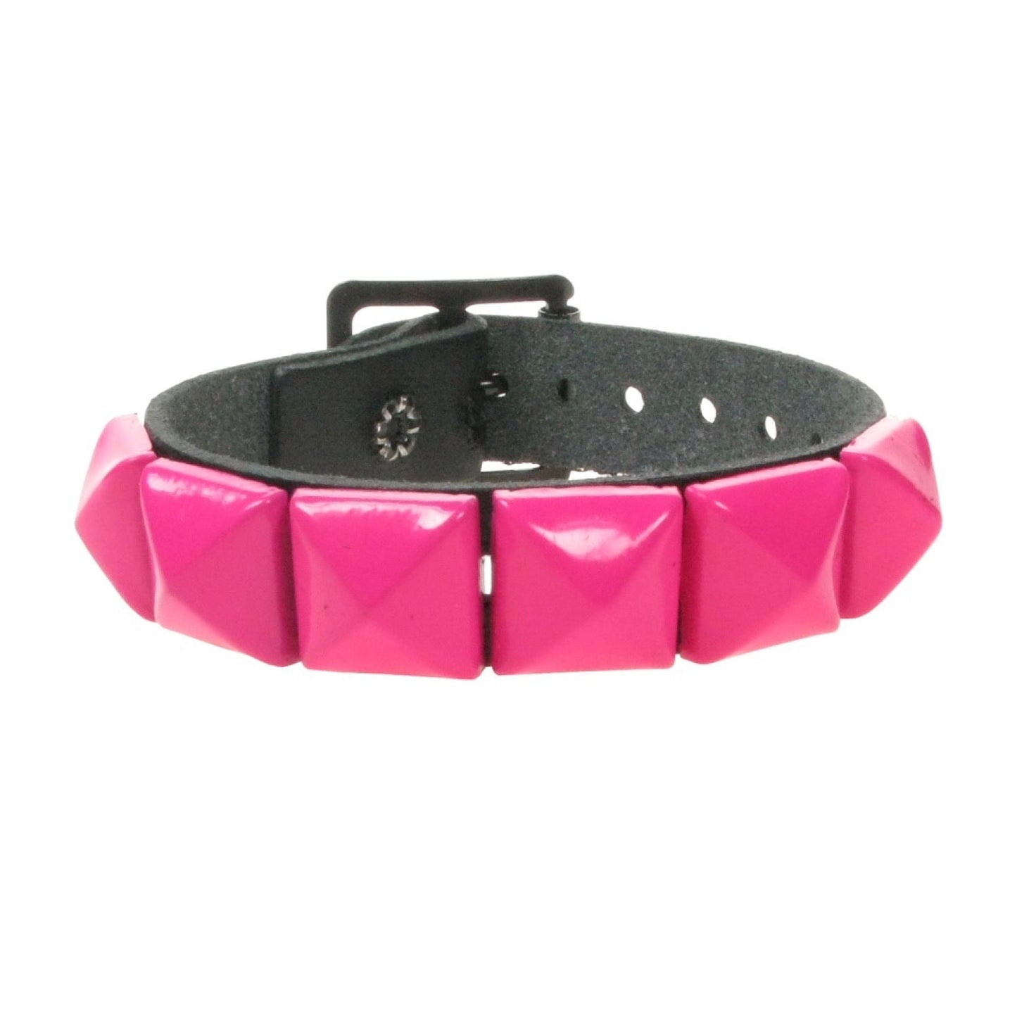 WB008B 1 ROW PINK PYRAMID LEATHER WRISTBAND - BLACK