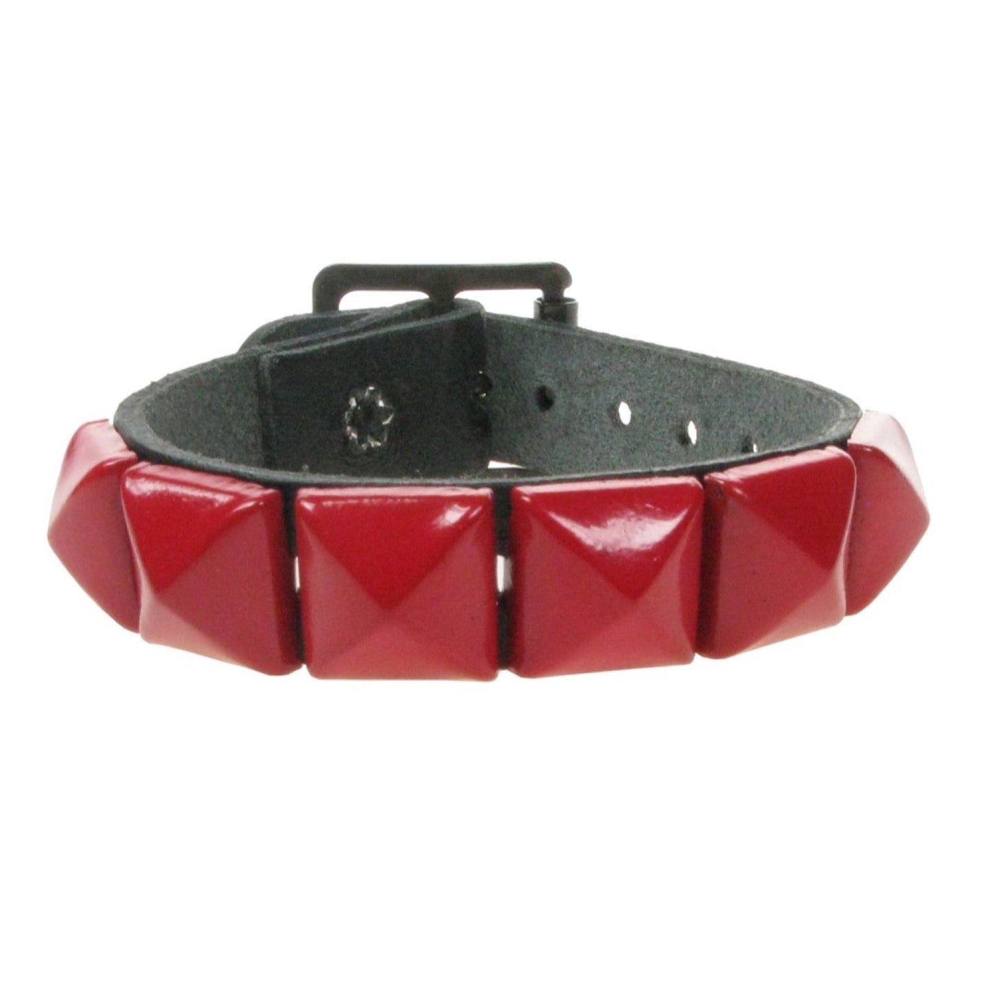 WB008C 1 ROW RED PYRAMID LEATHER WRISTBAND - BLACK