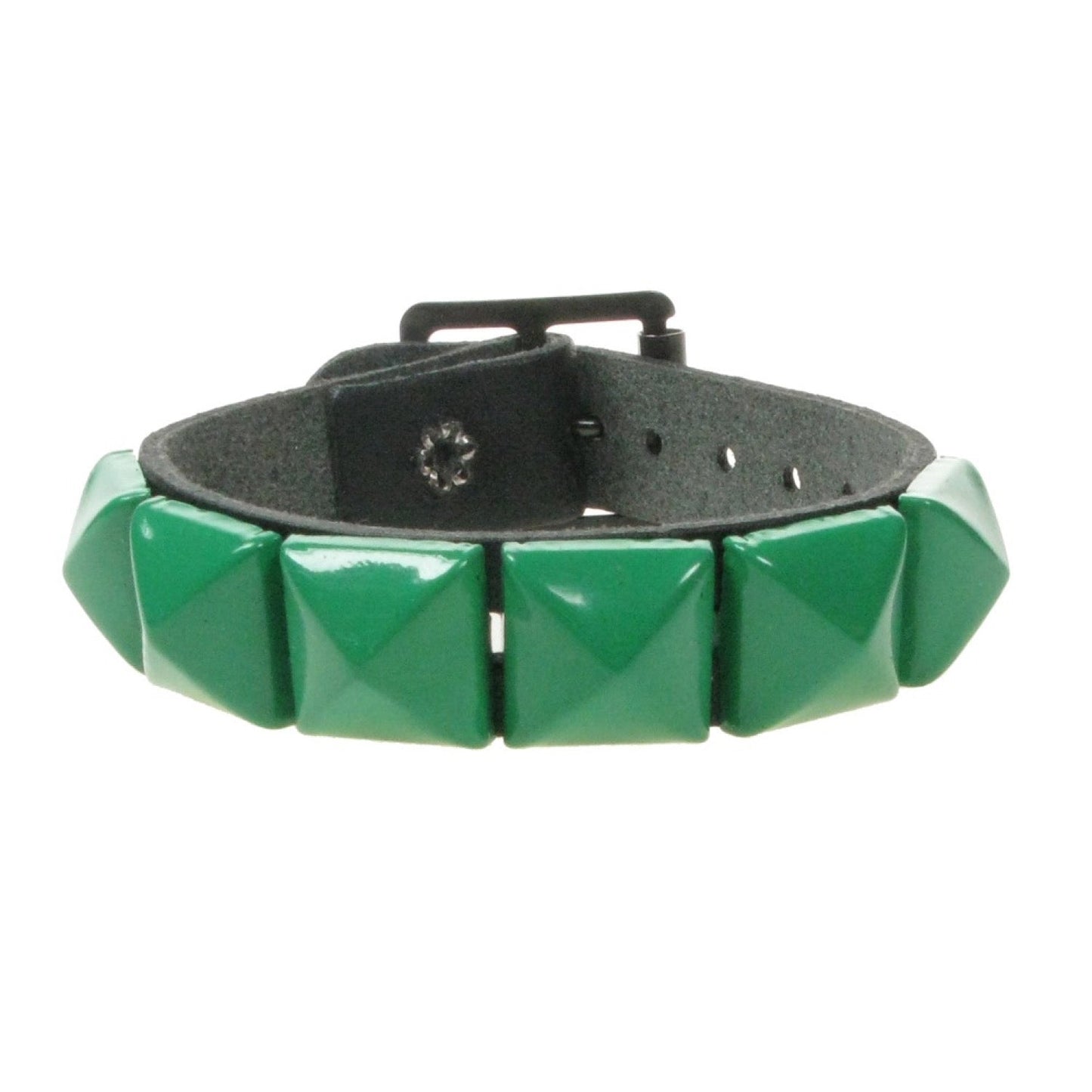 WB008E 1 ROW GREEN PYRAMID LEATHER WRISTBAND - BLACK