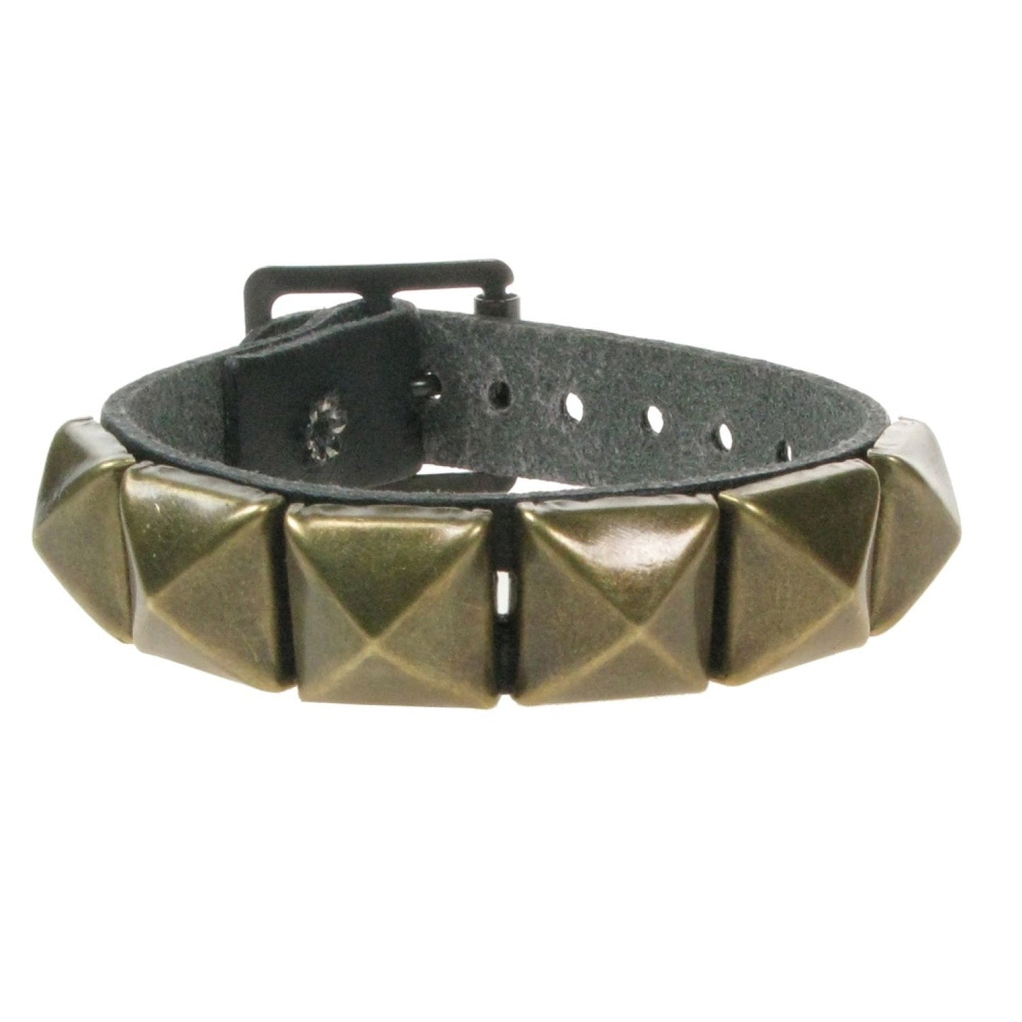 WB008H 1 ROW GOLD PYRAMID LEATHER WRISTBAND - BLACK
