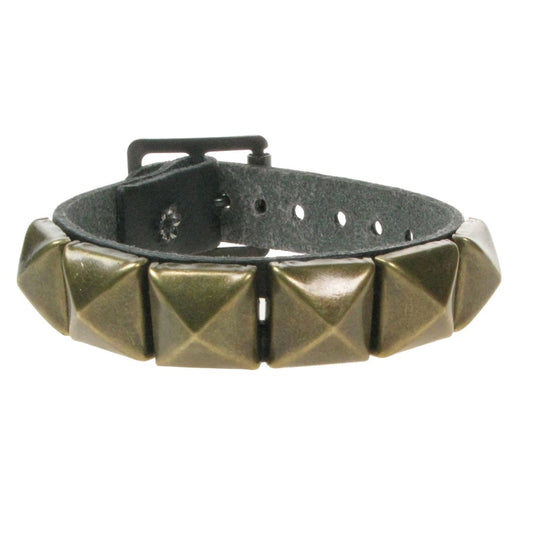 WB008H 1 ROW GOLD PYRAMID LEATHER WRISTBAND - BLACK