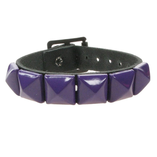 WB008I 1 ROW PURPLE PYRAMID LEATHER WRISTBAND - BLACK