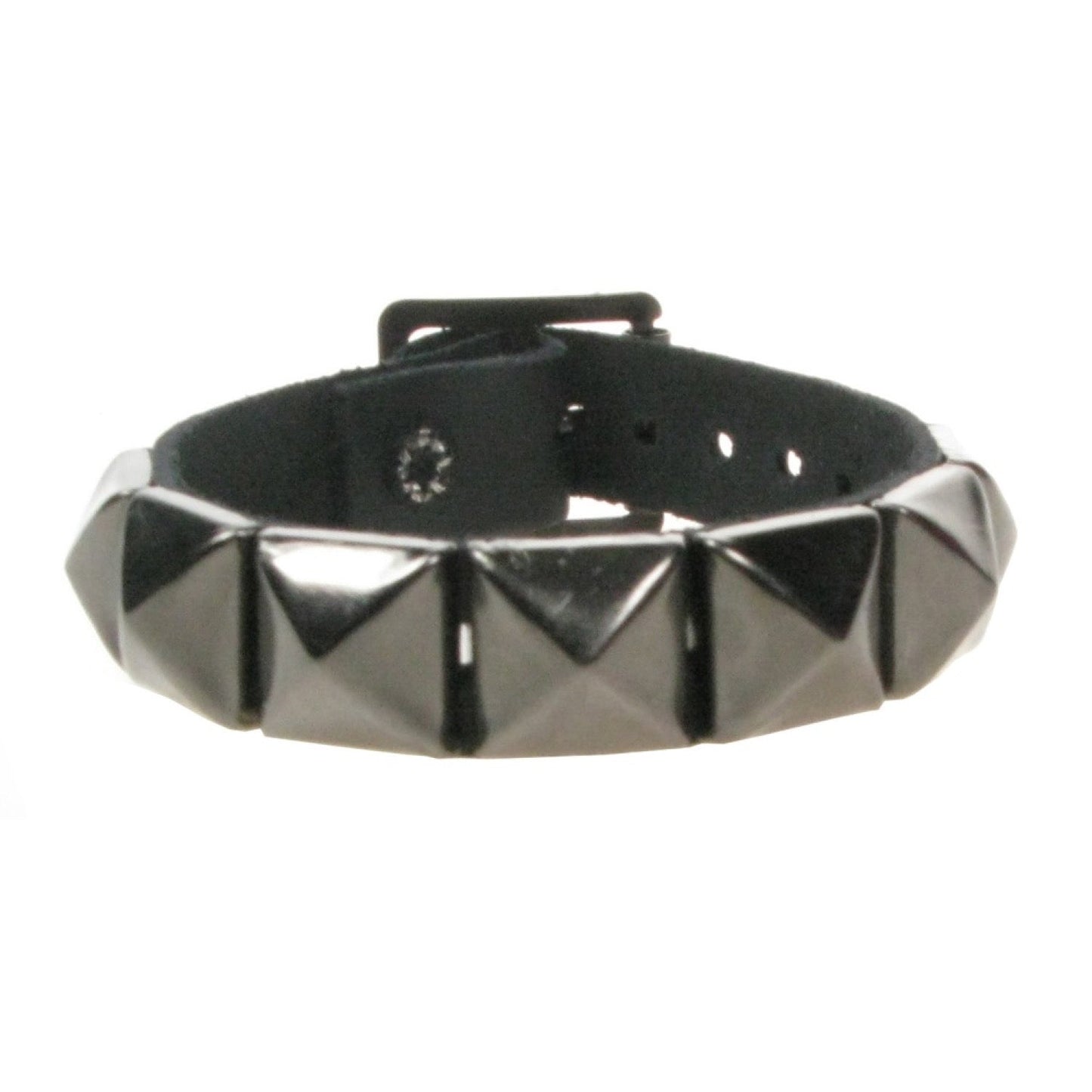 WB008J 1 ROW GUN METAL PYRAMID LEATHER WRISTBAND - BLACK