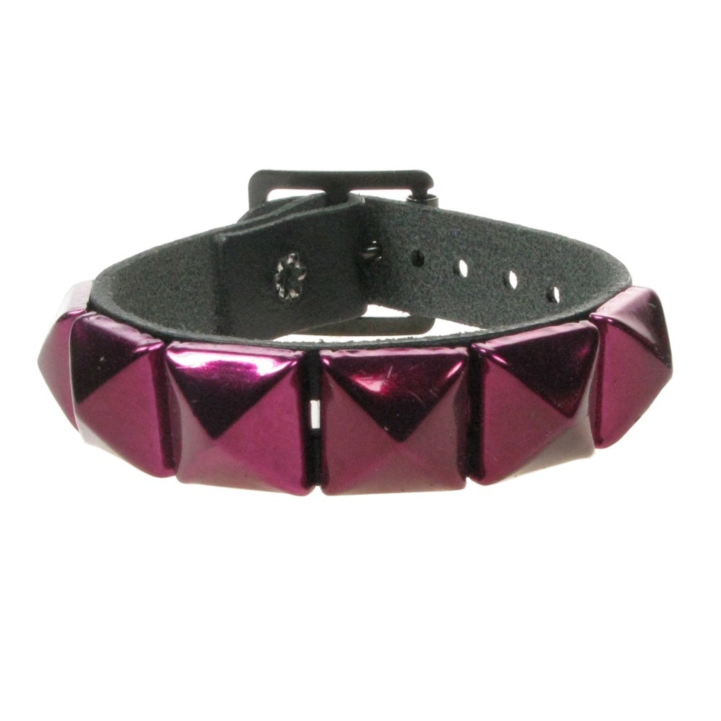WB008N 1 ROW METALLIC MAUVE PYRAMID LEATHER WRISTBAND - BLACK