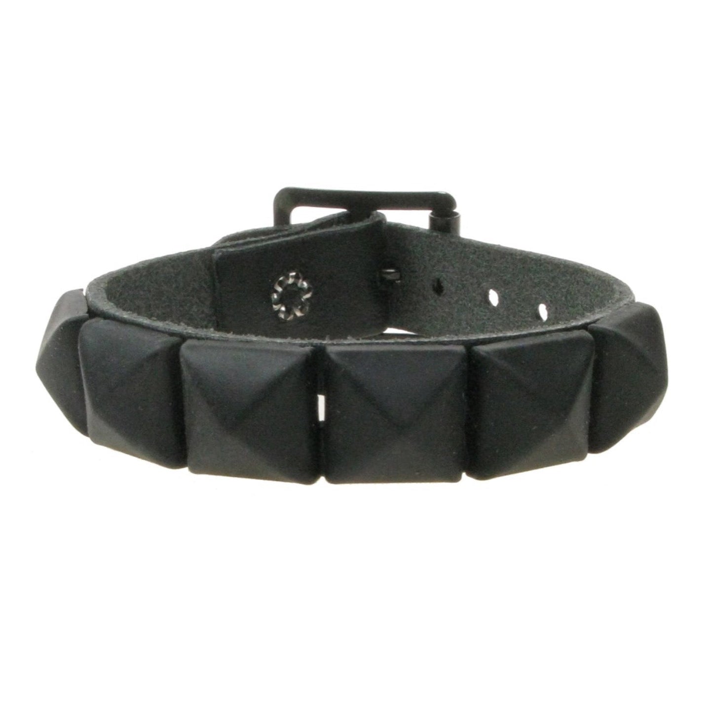 WB008S 1 ROW RUBBER BLACK PYRAMID LEATHER WRISTBAND - BLACK