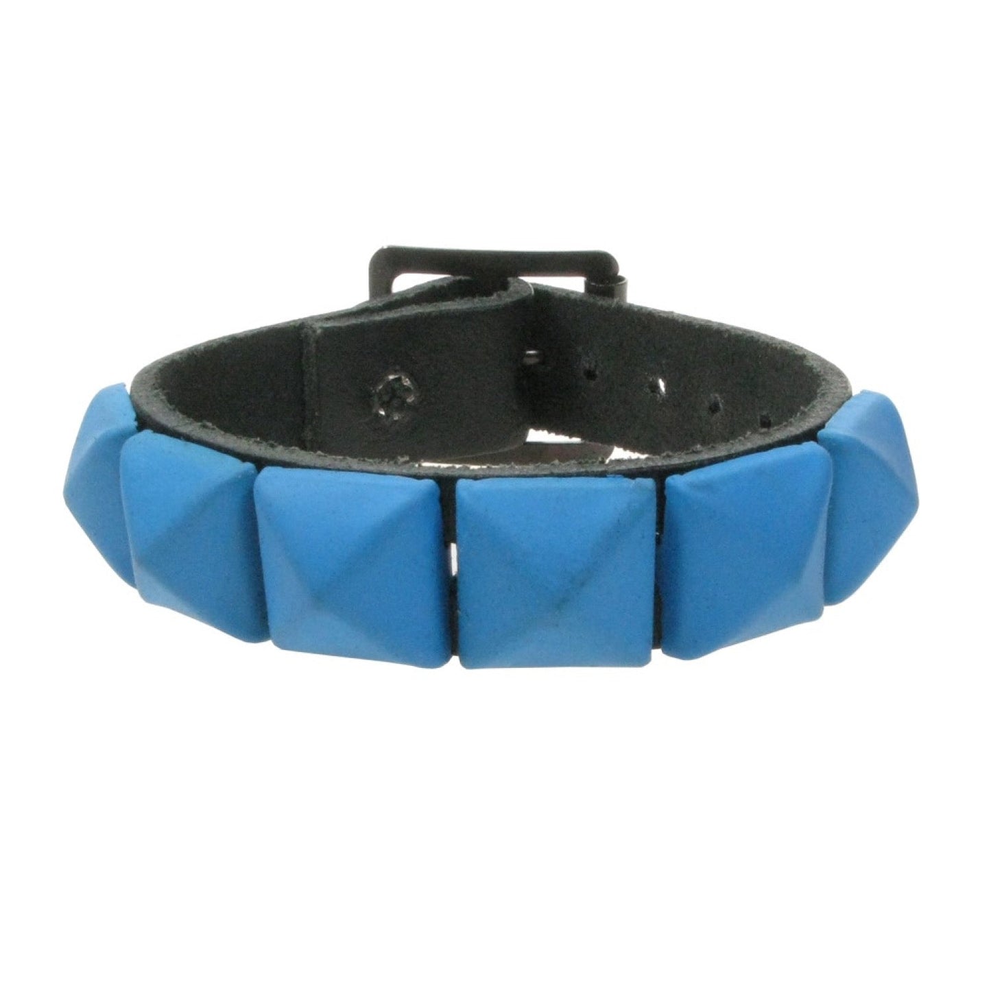 WB008U 1 ROW RUBBER BLUE PYRAMID LEATHER WRISTBAND - BLACK