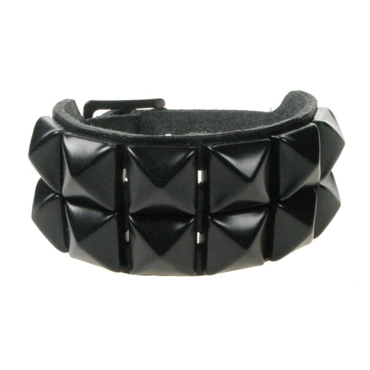 WB009A 2 ROW BLACK PYRAMID LEATHER WRISTBAND - BLACK