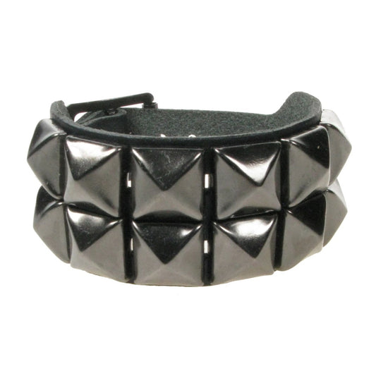 WB009B 2 ROW GUN METAL PYRAMID LEATHER WRISTBAND - BLACK
