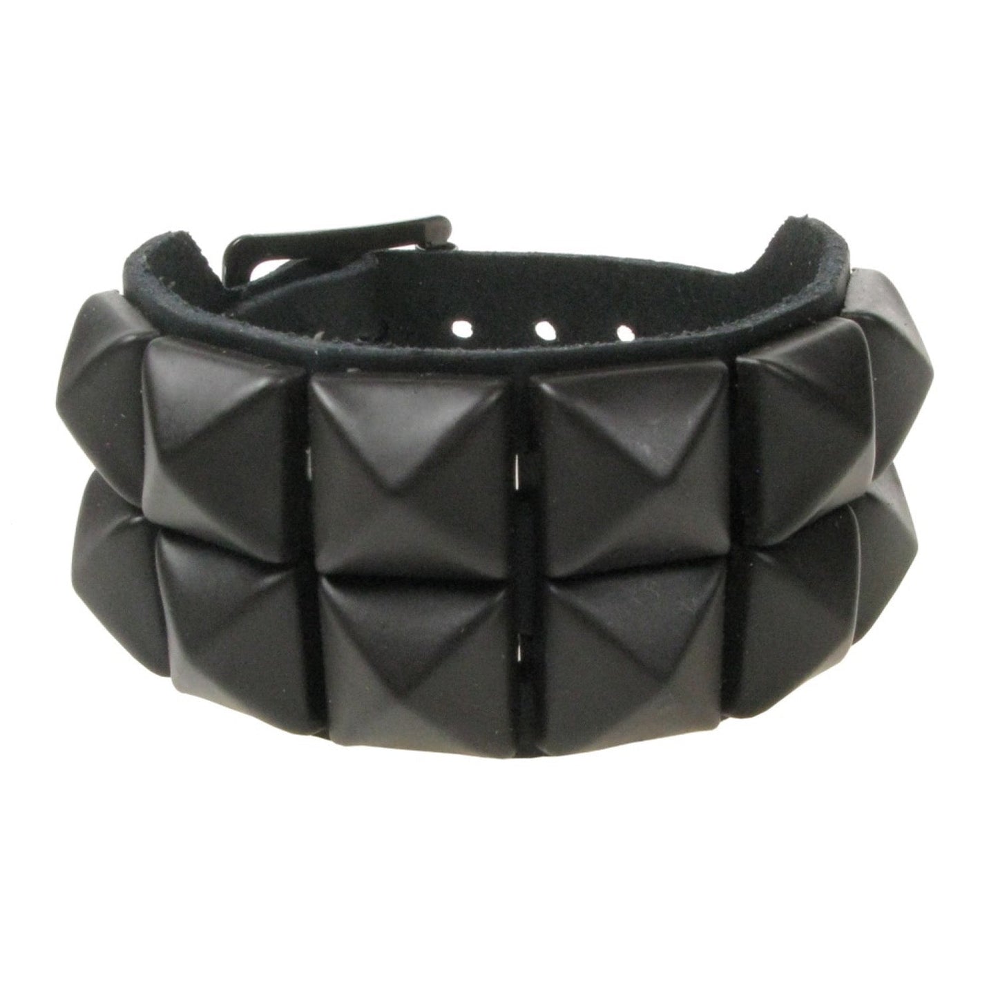 WB009C 2 ROW MATT BLACK PYRAMID LEATHER WRISTBAND - BLACK
