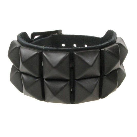 WB009C 2 ROW MATT BLACK PYRAMID LEATHER WRISTBAND - BLACK
