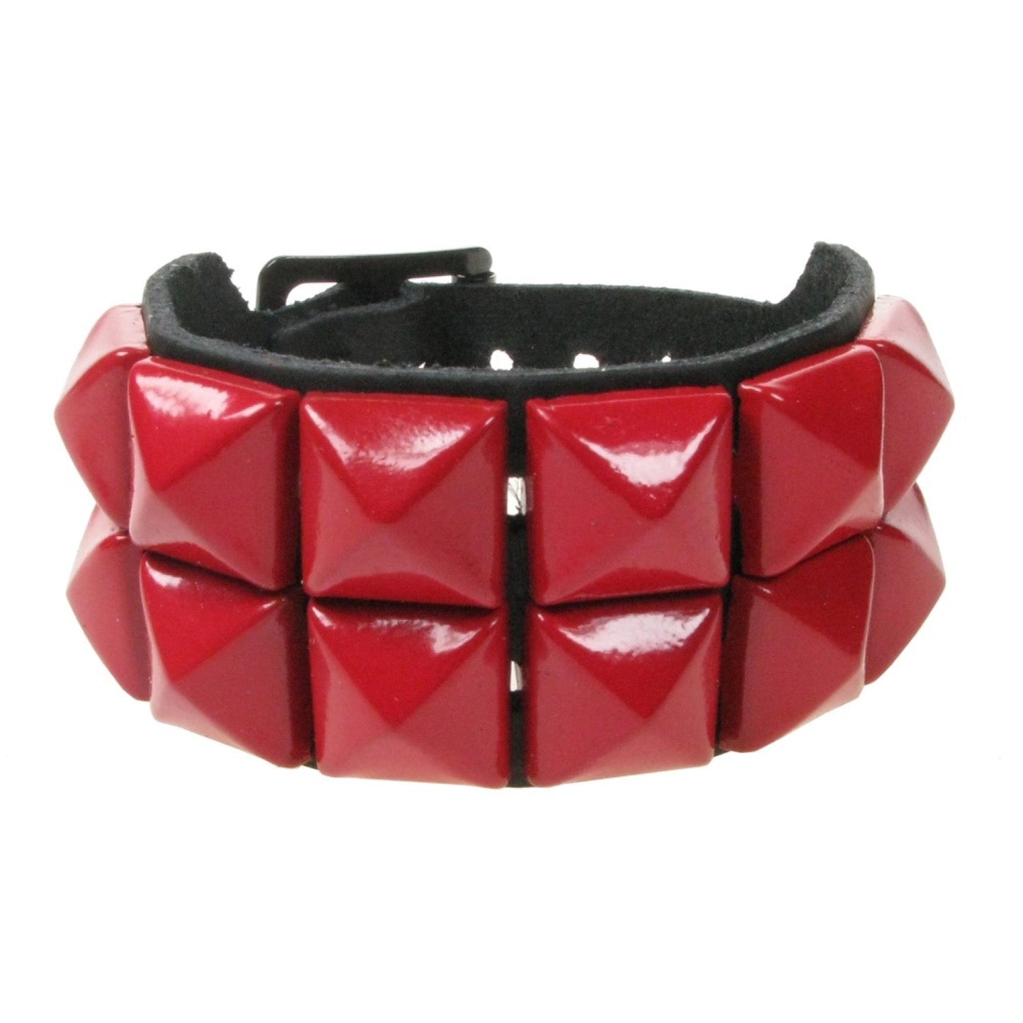 WB009E 2 ROW RED PYRAMID LEATHER WRISTBAND -BLACK