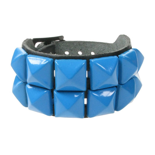 WB009F 2 ROW BLUE PYRAMID LEATHER WRISTBAND - BLACK