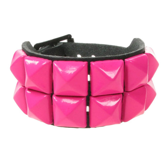 WB009G 2 ROW PINK PYRAMID LEATHER WRISTBAND - BLACK