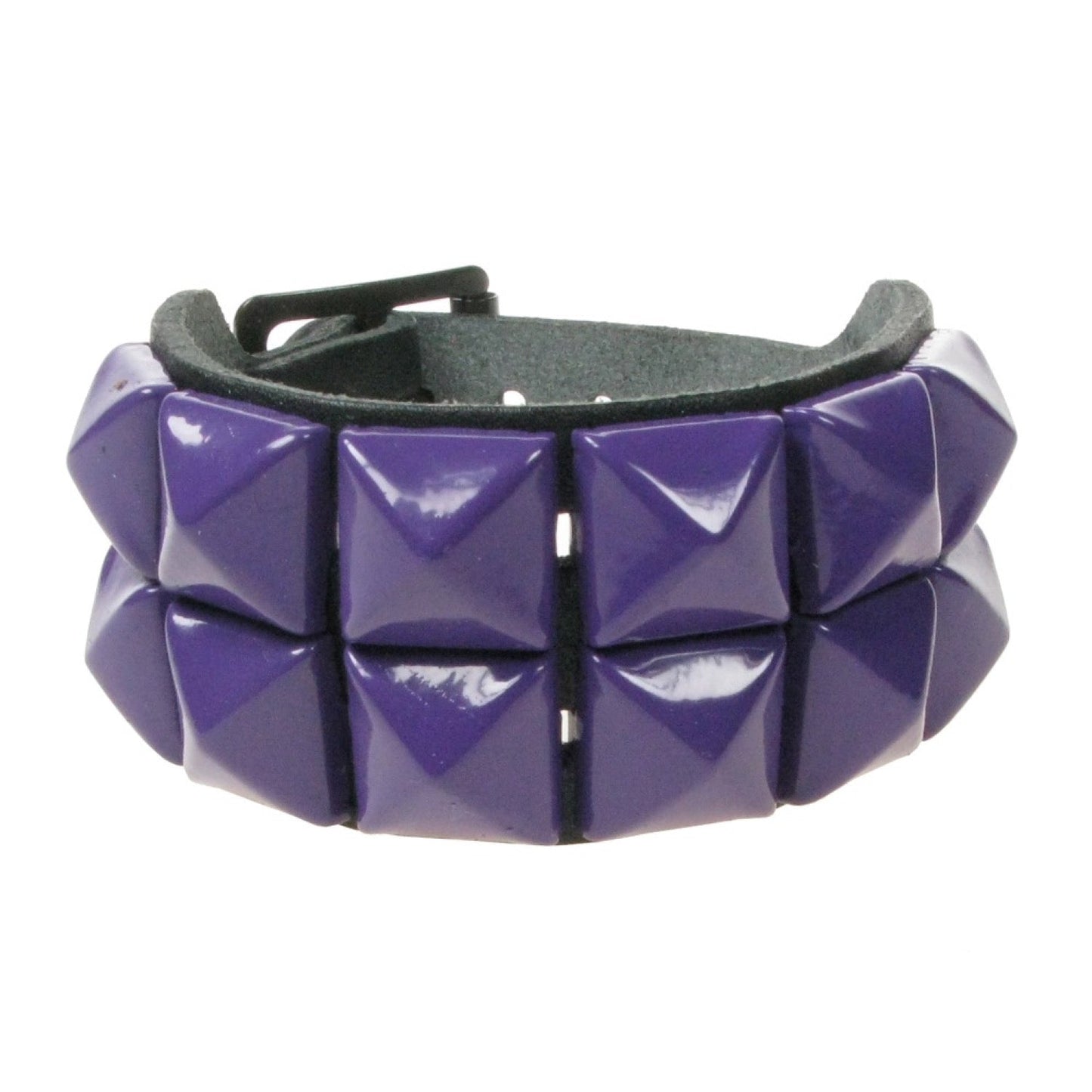 WB009H 2 ROW PURPLE PYRAMID LEATHER WRISTBAND - BLACK