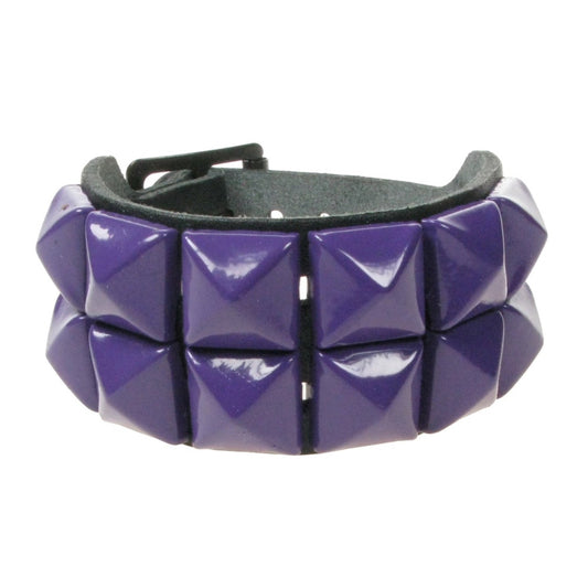 WB009H 2 ROW PURPLE PYRAMID LEATHER WRISTBAND - BLACK