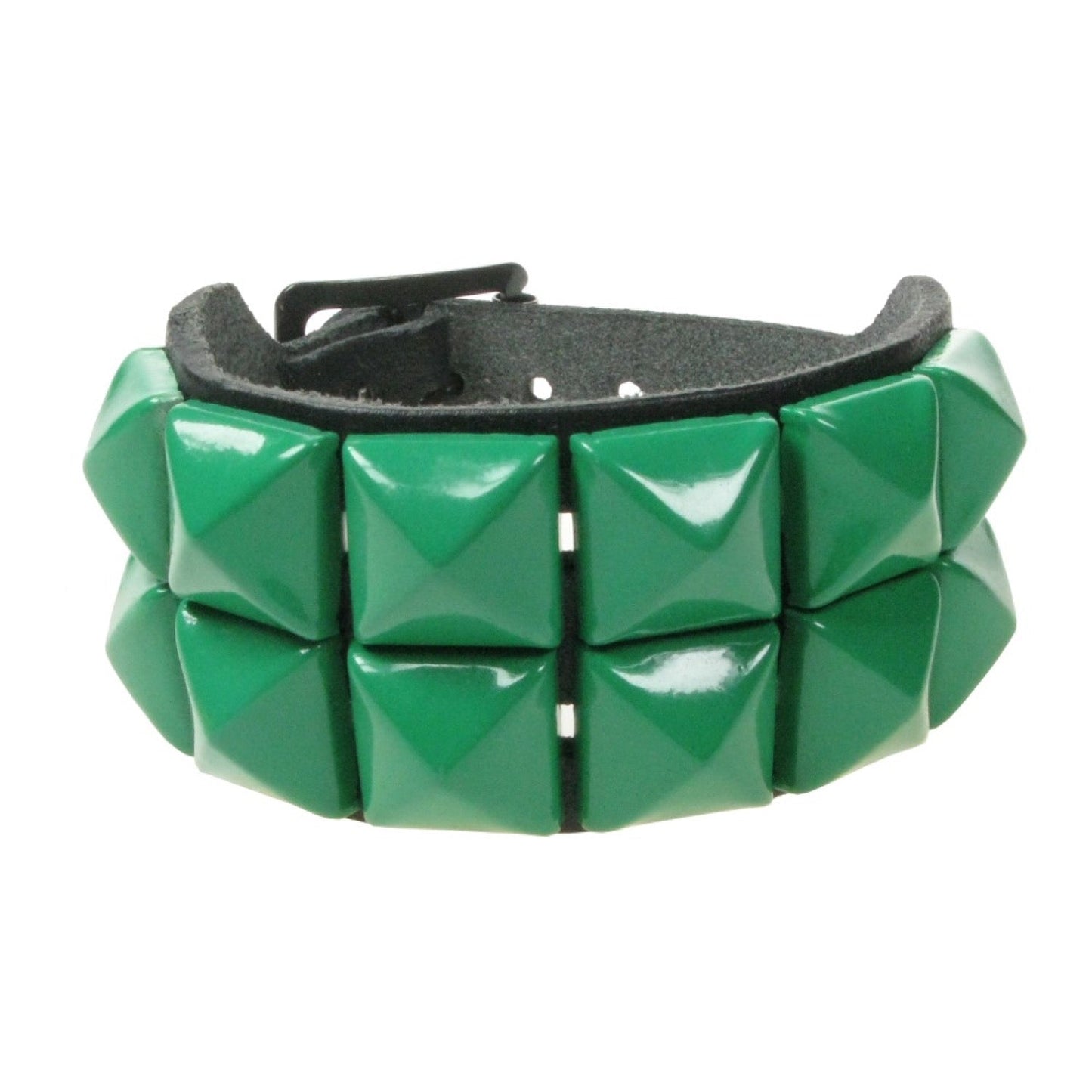 WB009J 2 ROW GREEN PYRAMID LEATHER WRISTBAND - BLACK