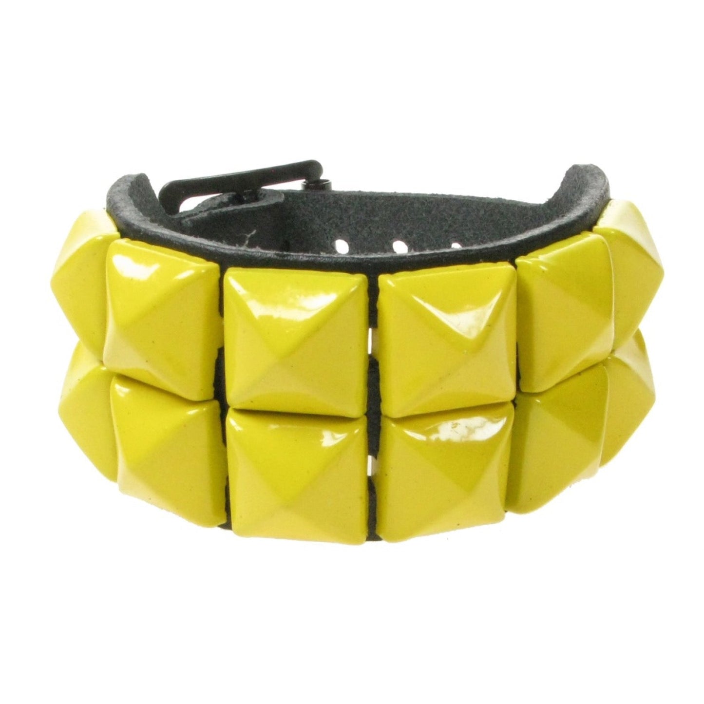 WB009K 2 ROW YELLOW PYRAMID LEATHER WRISTBAND - BLACK