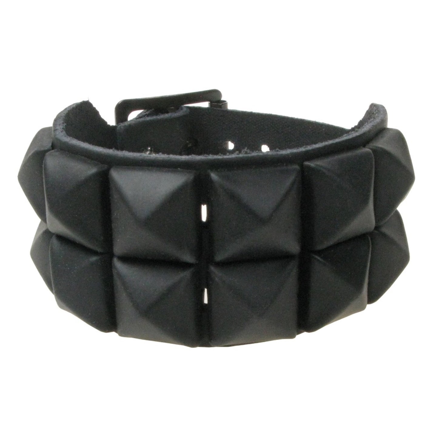 WB009L 2 ROW MATT BLACK PYRAMID LEATHER WRISTBAND - BLACK