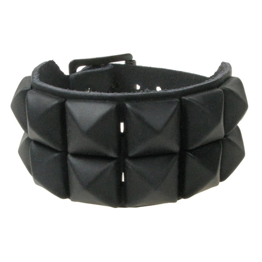 WB009L 2 ROW MATT BLACK PYRAMID LEATHER WRISTBAND - BLACK