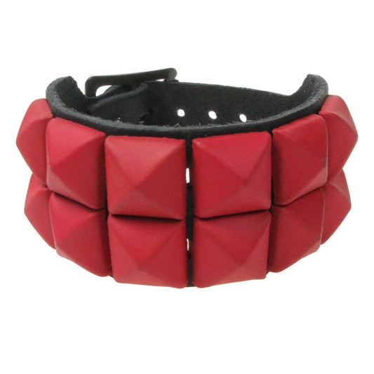 WB009M 2 ROW RUBBER RED PYRAMID LEATHER WRISTBAND - BLACK