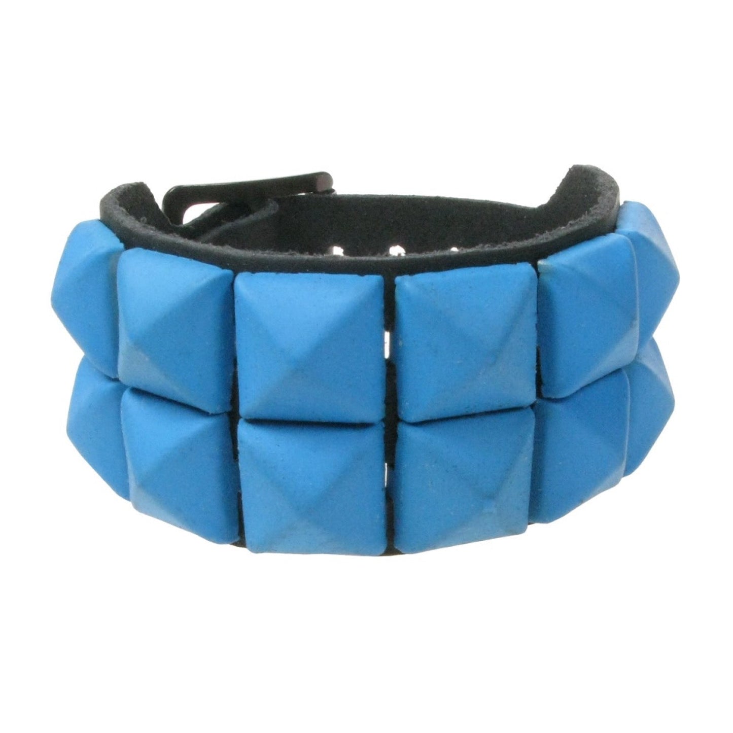 WB009N 2 ROW RUBBER BLUE PYRAMID LEATHER WRISTBAND - BLACK