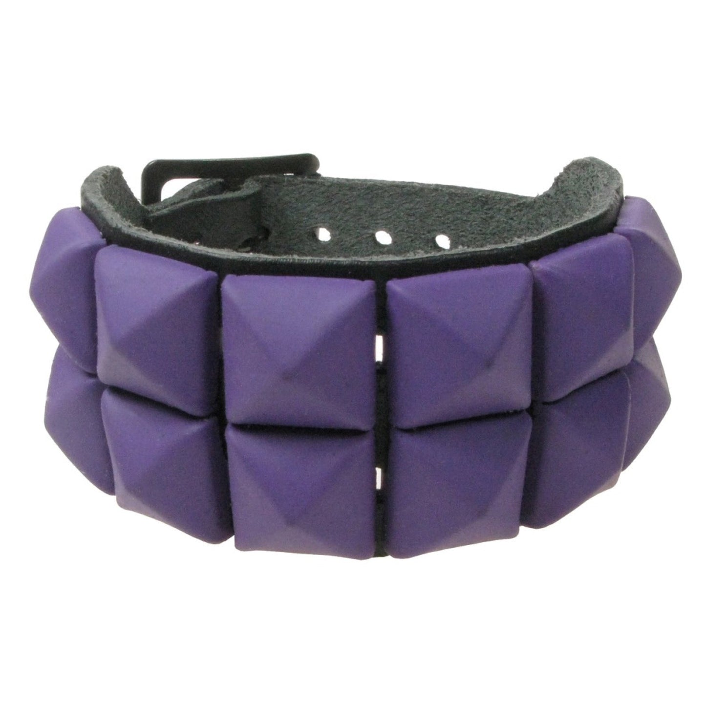WB009P 2 ROW RUBBER PURPLE PYRAMID LEATHER WRISTBAND - BLACK