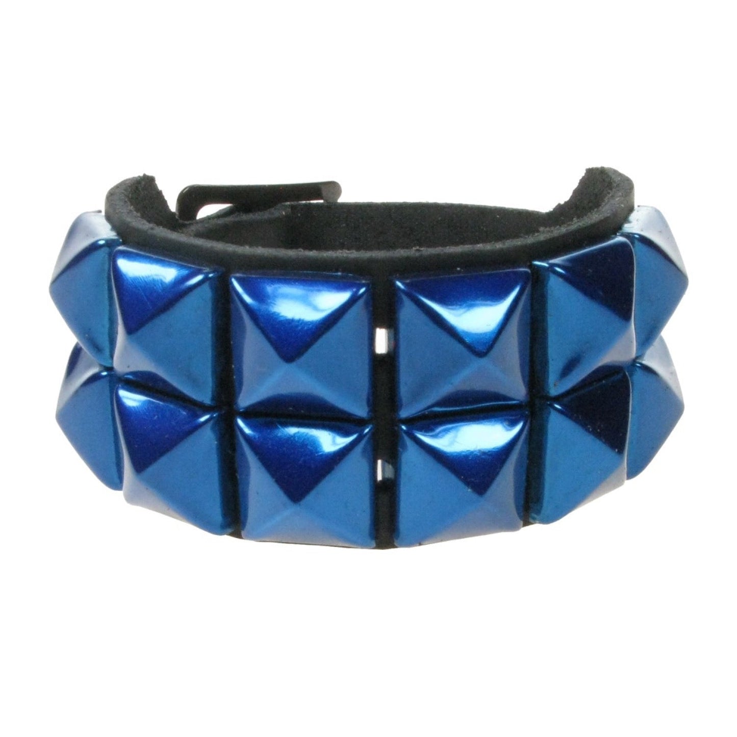 WB009Q 2 ROW METALLIC BLUE PYRAMID LEATHER WRISTBAND - BLACK