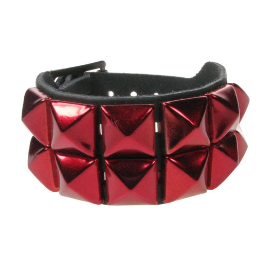 WB009R 2 ROW METALLIC RED PYRAMID LEATHER WRISTBAND - BLACK