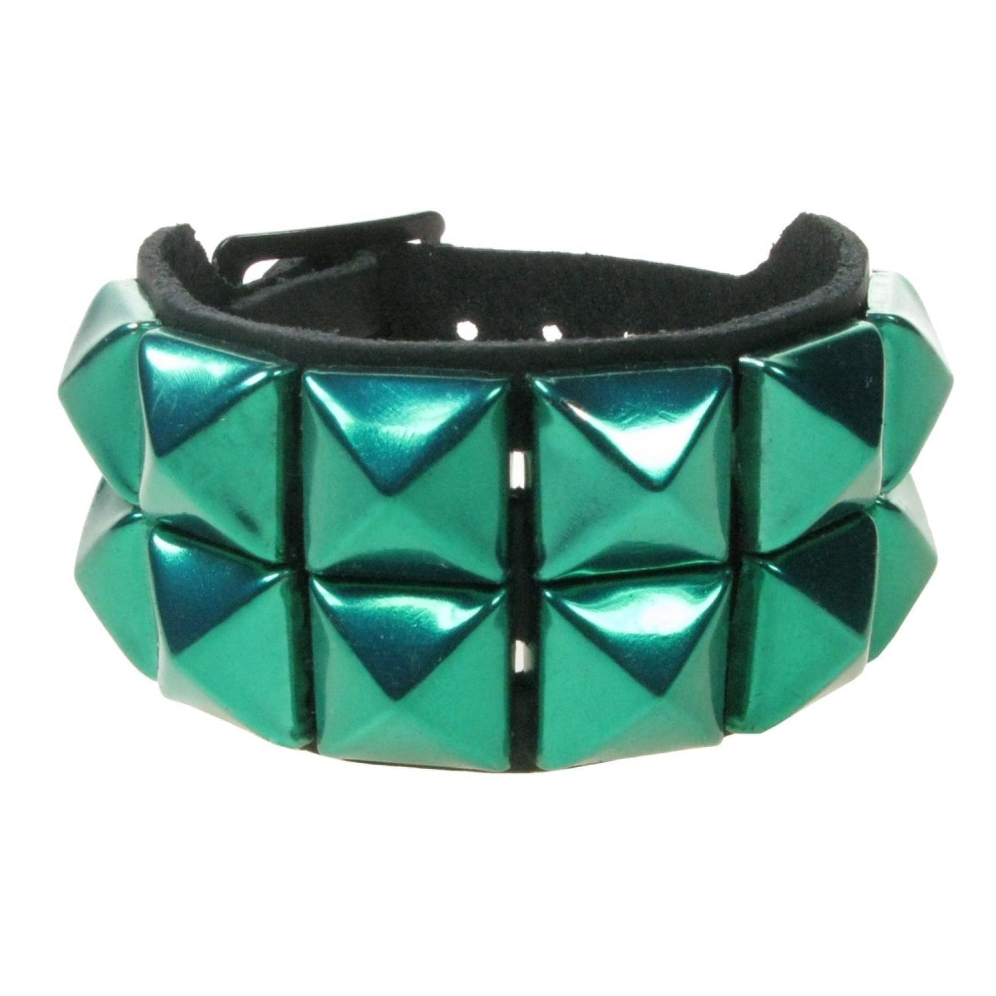 WB009S 2 ROW METALLIC GREEN PYRAMID LEATHER WRISTBAND - BLACK