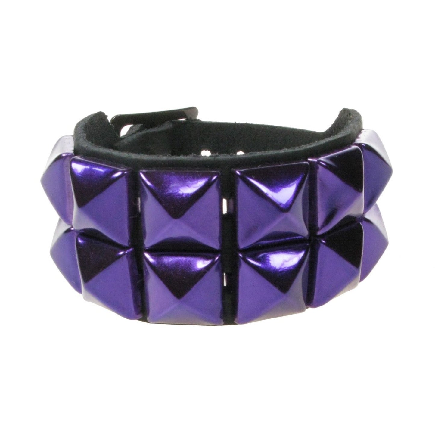 WB009T 2 ROW METALLIC PURPLE PYRAMID LEATHER WRISTBAND - BLACK