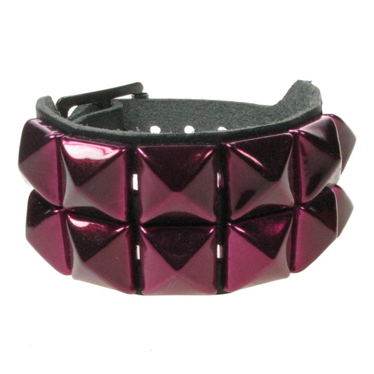 WB009U 2 ROW METALLIC BURGANDY PYRAMID LEATHER WRISTBAND - BLACK