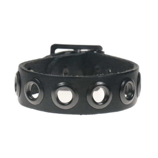 WB025 1 Row Black Eyelet Leather Wristband - Black