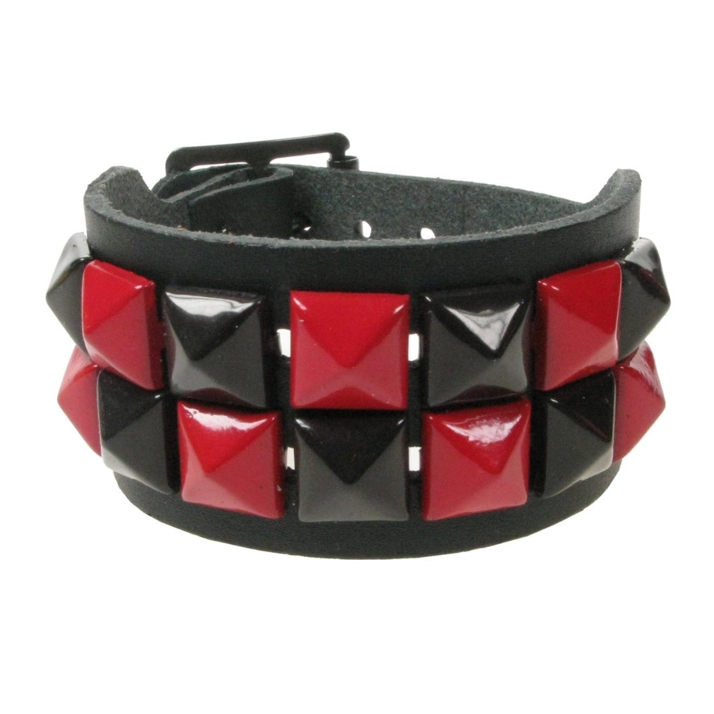 WB086A 2 ROW SMALL RED AND BLACK PYRAMID LEATHER WRISTBAND - BLACK