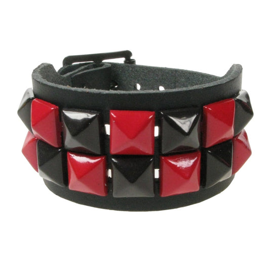 WB086A 2 ROW SMALL RED AND BLACK PYRAMID LEATHER WRISTBAND - BLACK