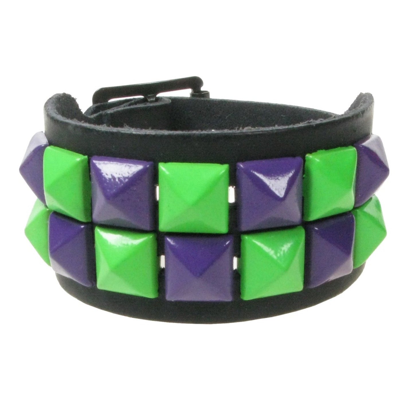 WB086F 2 ROW SMALL GREEN AND PURPLE PYRAMID LEATHER WRISTBAND - BLACK