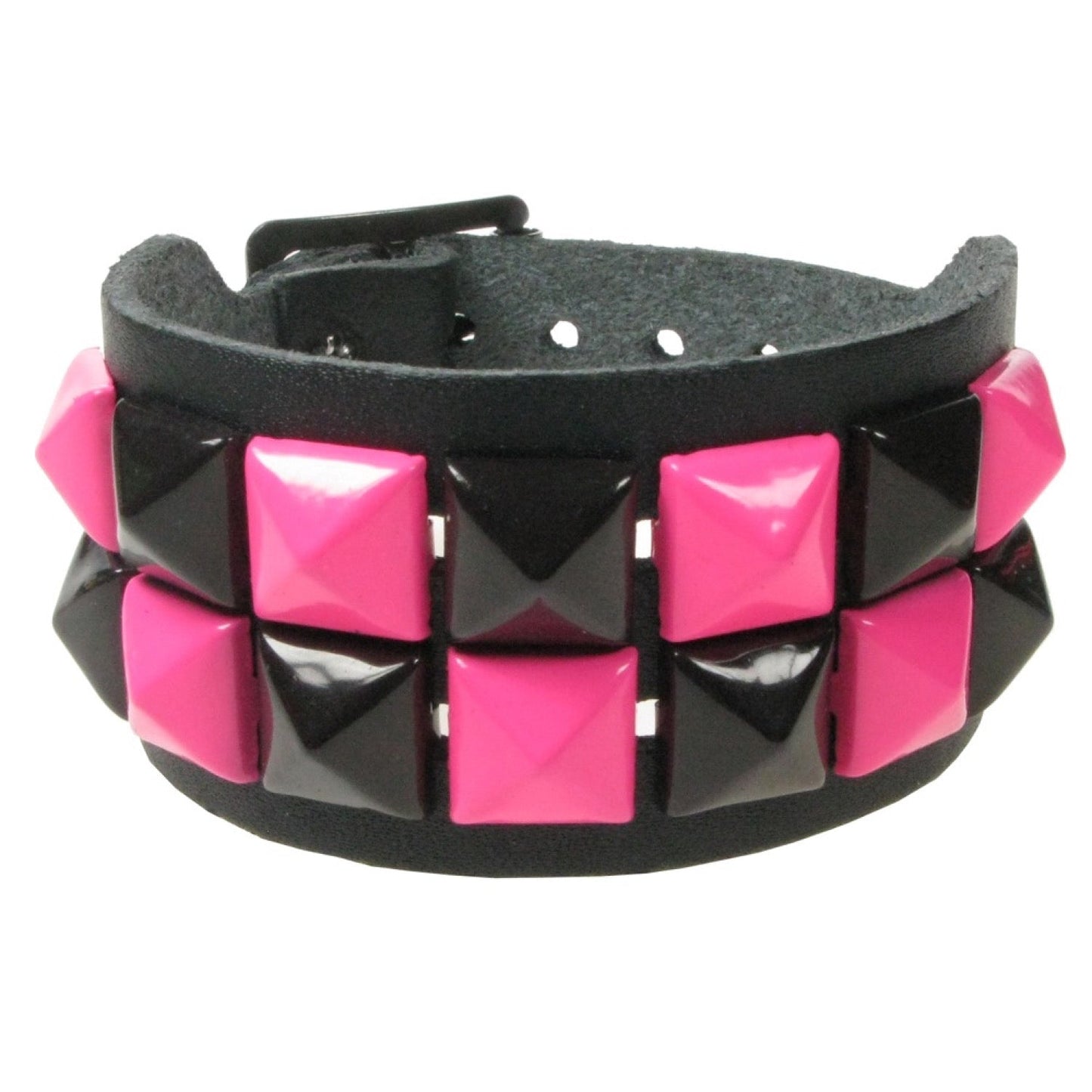 WB086B 2 ROW SMALL PINK AND BLACK PYRAMID LEATHER WRISTBAND - BLACK