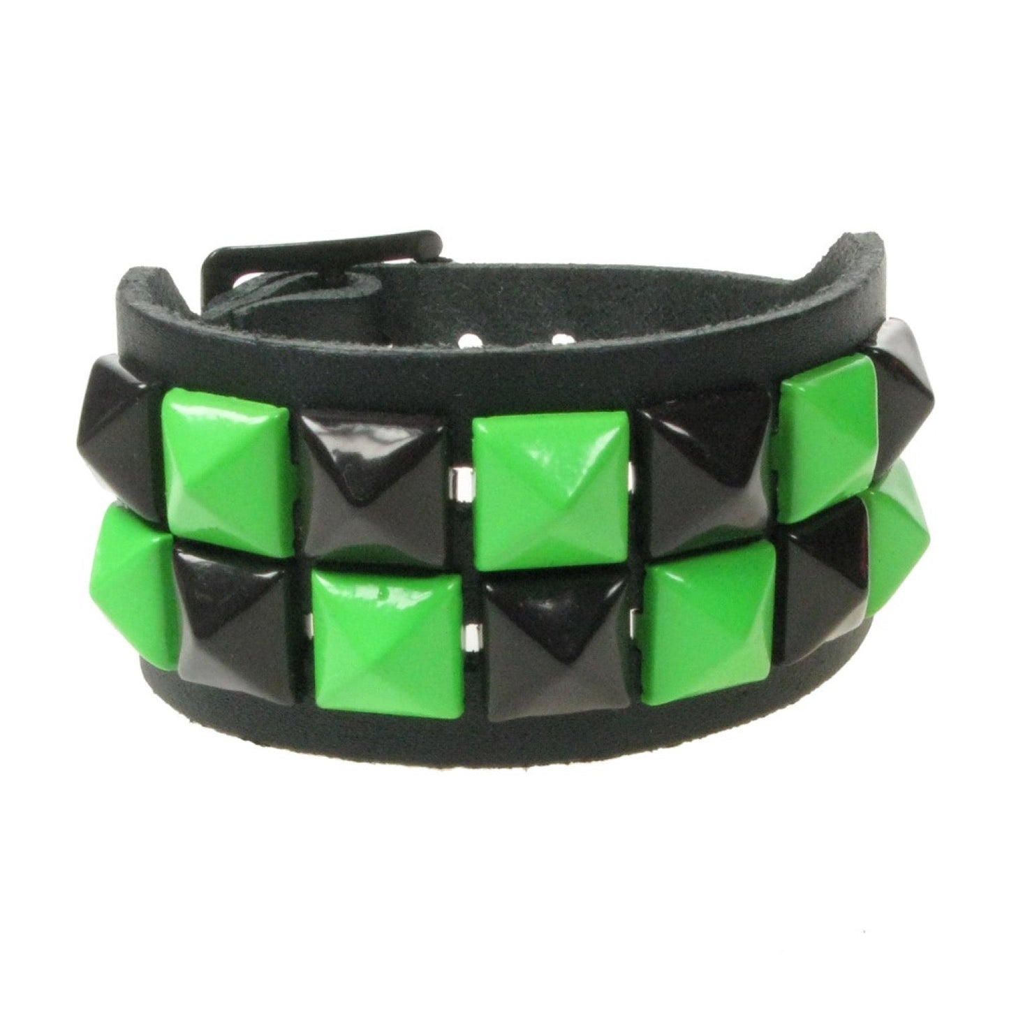 WB086C 2 ROW SMALL GREEN AND BLACK PYRAMID LEATHER WRISTBAND - BLACK