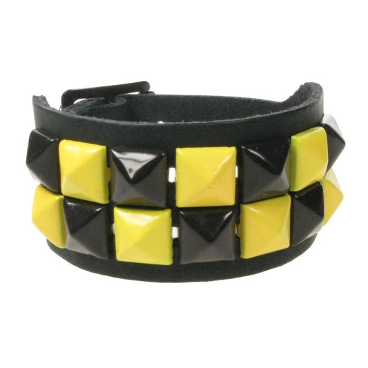 WB086E 2 ROW SMALL YELLOW AND BLACK PYRAMID LEATHER WRISTBAND - BLACK